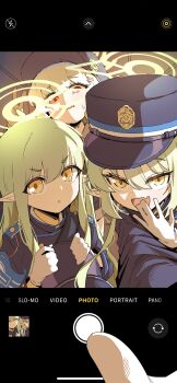 Rule 34 | 3girls, absurdres, aoba (blue archive), armband, black hat, black jacket, blonde hair, blue archive, blue armband, blunt bangs, cellphone, commentary request, covering own mouth, fang, furrowed brow, gloves, green hair, green halo, hair between eyes, halo, hand over own mouth, hat, highres, hikari (blue archive), holding, holding phone, holding unworn clothes, holding unworn hat, iphone, jacket, long hair, looking up, mesugaki, multiple girls, nozomi (blue archive), open mouth, phone, pointy ears, raised eyebrows, red eyes, selfie, skin fang, smartphone, sprayed hamster, sweatdrop, train conductor, unworn hat, unworn headwear, white gloves, yellow eyes