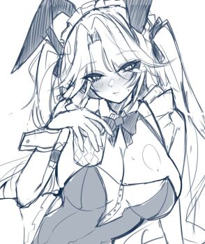 1girl animal_ears azur_lane blush bow bowtie breasts cleavage commentary_request cup detached_collar fake_animal_ears glass greyscale holding holding_cup large_breasts leotard long_hair looking_at_viewer monochrome mutou_mame official_alternate_costume parted_bangs playboy_bunny prinz_eugen_(azur_lane) rabbit_ears sketch solo sweatdrop two_side_up wrist_cuffs