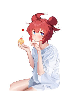 1girl absurdres ahoge blue_archive blue_eyes cherry chinese_commentary commentary cupcake double_bun food fruit hair_bun halo highres holding holding_food maki_(blue_archive) red_hair shirt short_sleeves white_shirt wumeizhi_ume