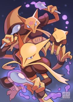 Rule 34 | abra, alakazam, aura, black eyes, closed eyes, dual wielding, evolutionary line, facial mark, forehead mark, gen 1 pokemon, hibun tsukasa, holding, holding spoon, kadabra, nintendo, pokemon, pokemon (creature), spoon, standing