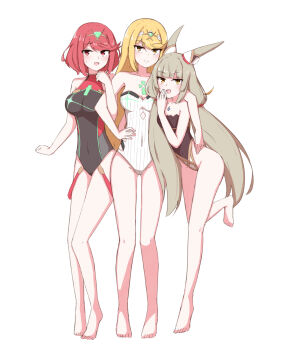 3girls adapted_costume animal_ears arm_around_shoulder bare_legs bare_shoulders barefoot blonde_hair breasts cat_ears chest_jewel chirun0 cleavage competition_swimsuit female_focus full_body grey_hair highleg highleg_one-piece_swimsuit highres locked_arms long_hair looking_at_viewer multiple_girls mythra_(radiant_beach)_(xenoblade) mythra_(xenoblade) nia_(blade)_(xenoblade) nia_(xenoblade) official_alternate_costume one-piece_swimsuit pyra_(pro_swimmer)_(xenoblade) pyra_(xenoblade) red_hair short_hair simple_background smile standing strapless strapless_one-piece_swimsuit swimsuit thigh_gap tiara very_long_hair xenoblade_chronicles_(series) xenoblade_chronicles_2