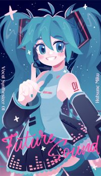 1girl bare_shoulders black_skirt black_sleeves black_thighhighs blue_background blue_eyes blue_hair blue_nails blue_necktie blush character_name collared_shirt commentary cowboy_shot detached_sleeves double-parted_bangs english_commentary grey_shirt grin hair_between_eyes hand_up hatsune_miku headset index_finger_raised long_hair long_sleeves looking_at_viewer miniskirt nail_polish necktie no_lineart number_tattoo pleated_skirt projecttiger shirt shoulder_tattoo skirt sleeveless sleeveless_shirt smile solo tattoo thick_eyebrows thighhighs twintails vocaloid