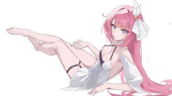 Rule 34 | 1girl, alternate costume, bare legs, barefoot, blue eyes, breasts, chinese commentary, cleavage, commentary request, detached sleeves, dress, elysia (honkai impact), feet, guantoumao-0, hair ornament, highres, honkai (series), honkai impact 3rd, large breasts, legs, long hair, looking at viewer, pink hair, simple background, solo, thigh strap, toes, very long hair, white background, white dress