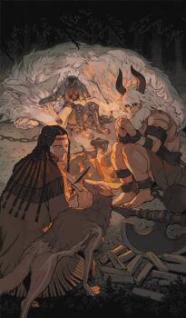 3boys animal animal_request ascot asterios_(fate) axe ball_and_chain_restraint barefoot beard belt black_belt black_boots black_gloves black_hair black_sclera blue_jacket boots braid brown_coat campfire carving chain chaldea_boys_collection chaldea_juukou_monogatari closed_mouth coat colored_sclera commentary cooking_pot cuffs cup dark-skinned_male dark_skin embers facial_hair fate/grand_order fate_(series) fire forest fringe_trim geronimo_(fate) gloves group_picture headband headless hessian_(fate) holding holding_cup holding_knife holding_stick jacket knees_up knife lobo_(fate) log long_hair looking_at_animal looking_down male_focus multiple_boys multiple_braids multiple_scars muscular muscular_male muted_color nagabe native_american_clothes nature night official_art outdoors oversized_animal red_ascot red_eyes red_skirt scar scar_on_chest scar_on_shoulder shackles sitting skirt smile stick third-party_source topless_male two-handed white_facial_hair white_hair whittling wolf