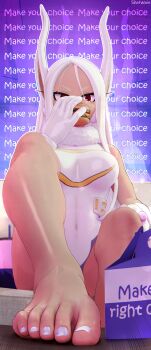 1girl 3d absurdres boku_no_hero_academia burger dark-skinned_female dark_skin feet foot_focus from_below highres holding_burger holding_food legs mirko rabbit_ears red_eyes self-upload shotacoin soles solo text_background white_hair white_nails