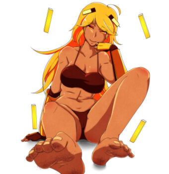 1girl absurdres at2. barefoot bikini blaze_(minecraft) blaze_rod blonde_hair breasts cleavage closed_mouth commentary_request dark-skinned_female dark_skin dirty dirty_feet floating floating_object foreshortening highres large_breasts long_hair looking_at_viewer minecraft mob_talker navel panties personification shiny_skin simple_background smile solo swimsuit underwear white_background yellow_eyes