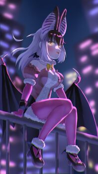 1girl absurdres animal_ears bat_ears bat_girl bat_wings brown_eyes brown_hair brown_long-eared_bat_(kemono_friends) building elbow_gloves extra_ears fingerless_gloves full_body gloves grey_hair hashtag-only_commentary highres kemono_friends kemono_friends_v_project leotard long_hair looking_at_viewer microphone multicolored_hair night pantyhose shirotsu116478 shoes skirt sky solo streaked_hair virtual_youtuber wings