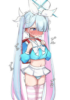 1girl absurdres aged_down backpack bag blue_archive blue_eyes blue_hair blue_halo blue_shirt blush choker closed_mouth cropped_shirt crying crying_with_eyes_open da_(hwss2287) dot_nose ear_blush embarrassed furrowed_brow general_student_council_president_(blue_archive) hair_between_eyes hair_over_one_eye hair_ribbon hairband halo hands_up highres loli long_hair long_sleeves looking_down multicolored_hair navel one_eye_covered panties pink_hair randoseru ribbon sailor_collar school_uniform serafuku shirt simple_background skirt solo split_mouth standing striped_clothes striped_panties striped_thighhighs sweat tears thighhighs thighs trembling twintails underwear very_long_hair white_background white_choker white_hairband white_sailor_collar white_skirt zettai_ryouiki