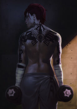 1girl absurdres arcane:_league_of_legends arcane_vi arm_tattoo back back_tattoo bandaged_arm bandages cowboy_shot dima_ivanov ear_piercing exercising from_behind grey_pants highres holding league_of_legends looking_to_the_side pants piercing red_hair short_hair solo standing stone_wall tattoo topless_female vi_(league_of_legends) weightlifting