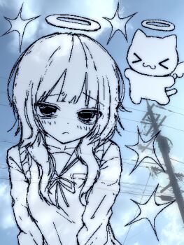 Rule 34 | > <, 1girl, :3, angel, awai. (awaawa suisoh), blunt bangs, blush, cat, cloud, cloudy sky, collarbone, commentary, english commentary, familiar, halo, highres, long sleeves, looking at viewer, medium hair, monochrome, neck ribbon, original, photo background, ribbon, sky, sparkle, upper body, utility pole