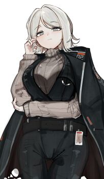 1girl absurdres belt black_belt black_pants black_vest breasts brown_sweater closed_mouth cowboy_shot dated_commentary faust_(project_moon) from_below frown grey_eyes hand_in_own_hair highres id_card jacket jacket_on_shoulders large_breasts limbus_company long_sleeves looking_at_viewer looking_down medium_hair pants project_moon ribbed_sweater simple_background solo sweater thigh_gap turtleneck turtleneck_sweater vest white_background white_hair wldrnbag19