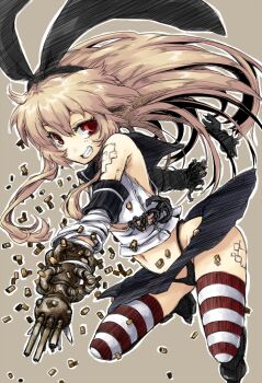 10s 1girl alternate_eye_color black_panties brown_hair female_focus hairband kantai_collection long_hair navel ofuro_mantarou panties pantyshot red_eyes shimakaze_(kancolle) skirt smile solo striped_clothes striped_thighhighs thighhighs underwear upskirt