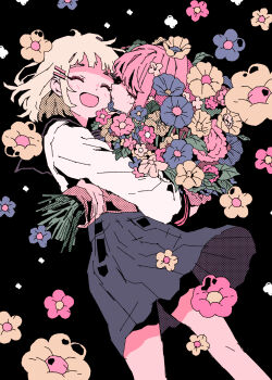 2girls ^_^ arkestar black_background black_sailor_collar black_skirt blonde_hair bouquet closed_eyes commentary couple english_commentary flower hair_ornament hairclip highres holding holding_bouquet hug imminent_kiss multiple_girls open_mouth original parallel_hairclips pink_hair sailor_collar school_uniform serafuku shirt short_hair skirt smile white_shirt yuri