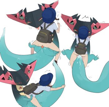 1girl backpack bag bestiality cum cutefish25256 dragapult dreepy flying gen_8_pokemon hat hetero highres juliana_(pokemon) nintendo pokemon pokemon_sv pokephilia randoseru saliva sex sex_from_behind suspended_congress tail tail_grab vaginal