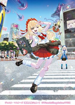 Rule 34 | 3girls, ahoge, bag, black bag, black shoes, black sweater, blonde hair, blue necktie, blue sailor collar, blue skirt, blue sky, blue socks, bow, bowtie, building, charm (object), clothes around waist, copyright notice, creature, crosswalk, doll, doll joints, duel masters, ekusiun, emrakul the aeons torn, frilled headwear, frilled shirt, frilled skirt, frills, highres, holding, holding bag, jenny (duel masters), joints, kneehighs, long hair, looking at viewer, loose socks, magic: the gathering, monster, multiple girls, necktie, official art, open mouth, outdoors, red bow, red bowtie, red nails, red skirt, sailor collar, school bag, screen zoom, sharp teeth, shirt, shoes, shooting star, short sleeves, skirt, sky, socks, sparkle, sweater, sweater around waist, teeth, tree, upper teeth only, v, v over head, white shirt, white socks, yellow eyes