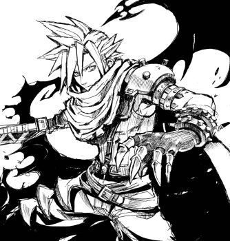 1boy armor belt buster_sword clawed_gauntlets cloak closed_mouth cloud_strife crossed_belts demon_wings fighting_stance final_fantasy final_fantasy_vii greyscale hair_between_eyes holding holding_sword holding_weapon kingdom_hearts looking_at_viewer male_focus monochrome multiple_belts official_alternate_costume pauldrons short_hair shoulder_armor single_pauldron single_wing sketch solo spiked_hair suspenders sword torn_cloak torn_clothes uxspwt1u79uz1gu weapon white_background wings