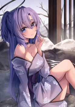 1girl absurdres black_choker black_halo blue_archive blue_eyes blush breasts choker cleavage closed_mouth commentary_request crossed_legs day hair_between_eyes halo heart heart-shaped_pupils hidel highres japanese_clothes kimono large_breasts long_hair looking_at_viewer mechanical_halo medium_breasts onsen outdoors purple_hair purple_kimono rock sidelocks sitting solo steam symbol-shaped_pupils yukata yuuka_(blue_archive)