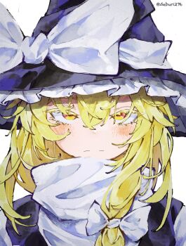 1girl absurdres black_vest blonde_hair blush braid closed_mouth commentary deburi276 expressionless hair_between_eyes hair_ribbon hat hat_ribbon highres kirisame_marisa long_hair looking_at_viewer portrait ribbon shirt solo touhou turtleneck twitter_username vest white_background white_shirt witch_hat yellow_eyes