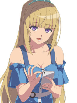 1girl bare_shoulders blonde_hair blue_dress breasts cellphone chiharu_(9654784) cleavage collarbone detached_sleeves dress dress_straps headband highres holding holding_phone karuizawa_kei long_hair looking_at_viewer lower_teeth_only medium_breasts open_mouth phone purple_eyes shoulder_strap simple_background smartphone solo standing strap teeth very_long_hair white_background youkoso_jitsuryoku_shijou_shugi_no_kyoushitsu_e