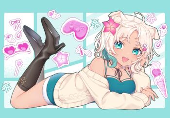 1girl animal_ear_fluff animal_ears aqua_background aqua_dress aqua_eyes aqua_streaks artist_request bare_shoulders black_boots blonde_hair boots breasts cardigan commentary_request controller dog_ears dog_girl dress flower food full_body game_controller hair_flower hair_ornament heart heart-shaped_eyewear high_heel_boots high_heels highres ice_cream ice_cream_cone indie_virtual_youtuber knee_boots large_breasts long_sleeves looking_at_viewer lying mona_meria multicolored_hair on_stomach open_mouth parted_bangs second-party_source short_hair smile solo streaked_hair sunglasses the_pose virtual_youtuber yellow_cardigan