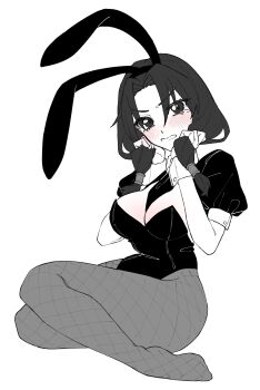 1girl absurdres animal_ears black_hair blush breasts commission embarrassed grabbing_own_hair highres holding holding_own_hair ikateyann kagurabachi long_hair looking_at_viewer low-tied_long_hair medium_breasts non-web_source playboy_bunny rabbit_ears samura_iori skeb_commission tearing_up twintails white_background wrist_cuffs