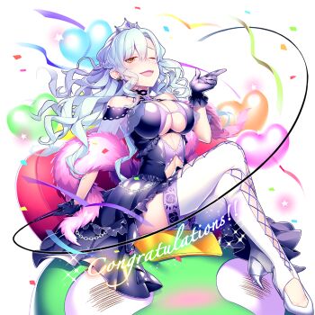 Rule 34 | 1girl, backboob, balloon, blue hair, boots, breasts, cleavage, commentary request, dress, fur scarf, giuniu, gloves, heart balloon, high heel boots, high heels, kaeru ouji, large breasts, long hair, midriff, off-shoulder dress, off shoulder, pink fur, purple dress, purple gloves, queen mary (uchihime), silver tiara, sitting, smile, thigh boots, uchi no hime-sama ga ichiban kawaii, wavy hair, white boots, yellow eyes