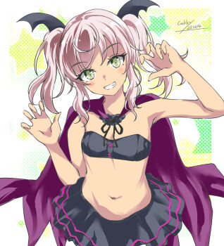 Rule 34 | 1girl, bandeau, black bandeau, black skirt, black tube top, cape, comandante cappellini (halloween) (kancolle), comandante cappellini (kancolle), cowboy shot, curled fingers, dark-skinned female, dark skin, dress, gakky, grink, halloween costume, head wings, highres, kantai collection, one-hour drawing challenge, pink hair, pleated dress, purple cape, skirt, solo, strapless, tube top, twintails, vampire costume, wings, yellow eyes