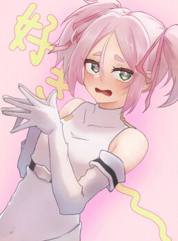 dress elbow_gloves embarrassed gloves green_eyes heart heart-shaped_pupils highres momo_(virgin_road) open_mouth own_hands_together pink_hair polucky shokei_shoujo_no_virgin_road short_twintails sleeveless sleeveless_dress solo symbol-shaped_pupils text_background twintails white_gloves