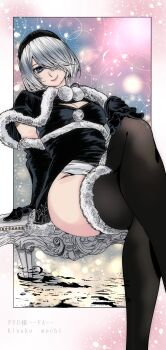 1girl 2b_(nier:automata) absurdres arm_support bench black_boots black_capelet black_dress black_gloves blue_eyes blush boots breasts bubble_background capelet christmas cleavage cleavage_cutout clothing_cutout crossed_legs dress feathers fur-trimmed_boots fur-trimmed_capelet fur_trim gloves hair_over_one_eye hairband hand_on_own_knee highres kinakomochi_(user_vedc2333) leotard leotard_under_clothes looking_at_viewer medium_breasts mole mole_under_mouth nier:automata nier_(series) on_bench pom_pom_(clothes) santa_costume santa_dress short_hair sitting sky sleeveless sleeveless_dress smile space sparkle square_enix star_(sky) starry_sky thigh_boots white_hair white_leotard
