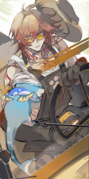 1boy arm_tattoo black_gloves black_overalls blonde_hair braid bubbles_(honkai:_star_rail) car chest_tattoo chimera_(honkai:_star_rail) chinese_commentary commentary_request driving facial_tattoo gloves gradient_hair hat highres honkai:_star_rail honkai_(series) male_focus medium_hair mississipping motor_vehicle multicolored_hair mydei_(chimerric_park)_(honkai:_star_rail) mydei_(honkai:_star_rail) official_alternate_costume on_car overalls red_hair red_tattoo side_braid solo sunglasses tank_top tattoo unworn_hat unworn_headwear white_tank_top yellow_eyes