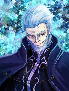 Rule 34 | 1boy, beard, black coat, coat, commentary request, facial hair, fate/stay night, fate (series), grey beard, grey hair, highres, junkichi1222 (ryuya), kischur zelretch schweinorg, looking at viewer, male focus, old, old man, profile, red eyes, smile, smirk, solo, tsukihime, type-moon