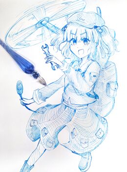 Rule 34 | 1girl, :d, absurdres, backpack, bag, blue hair, blue shirt, blue skirt, blush, boots, buttons, collared shirt, commentary, floating, frilled shirt collar, frills, glass pen, green hat, hat, highres, hitodama, holding, holding wrench, kawashiro nitori, large bag, long sleeves, looking at viewer, open mouth, shirt, short hair, skirt, skirt pocket, smile, solo, tool request, touhou, traditional media, two side up, user ycnn5725, wrench