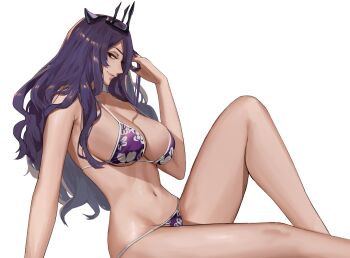 1girl alternate_costume bikini breasts camilla_(fire_emblem) camilla_(light_of_nohr)_(fire_emblem) cleavage closed_mouth crown female_focus fire_emblem fire_emblem_fates fire_emblem_heroes j@ck large_breasts legs long_hair looking_at_viewer navel nintendo purple_bikini purple_hair simple_background sitting smile solo swimsuit thighs tiara white_background