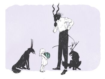 1boy 1girl black_fur body_fur child creature dress food fruit furry furry_male hand_on_own_chin hand_on_own_hip holding holding_food holding_fruit holding_watermelon horns looking_at_another nagabe purple_background sandals sensei_(totsukuni_no_shoujo) shirt shiva_(totsukuni_no_shoujo) simple_background tail totsukuni_no_shoujo watermelon