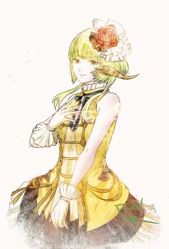 1girl au_ra black_ribbon black_skirt brown_horns closed_mouth commentary_request copyright_name final_fantasy final_fantasy_xiv flower green_eyes green_hair hand_on_own_chest hat hat_flower horns mini_hat mini_top_hat narumi_(ff14) neck_ribbon red_flower red_rose ribbon rose ruka_(blueplus84) scales shirt short_hair_with_long_locks simple_background skirt sleeveless sleeveless_shirt smile solo top_hat white_background white_hat yellow_shirt