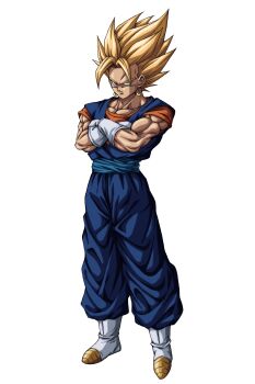 1boy absurdres blonde_hair blue_pants blue_sash blue_shirt boots commentary_request crossed_arms dougi dragon_ball dragonball_z earrings full_body gloves green_eyes highres jewelry male_focus medium_hair muma_maximum76 muscular muscular_male orange_shirt pants potara_earrings sash shirt solo spiked_hair super_saiyan super_saiyan_1 vegetto white_boots white_gloves