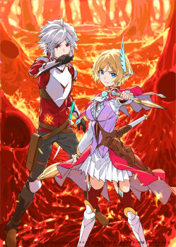 1boy 1girl arm_guards armor armored_boots bell_cranel black_gloves black_pants blue_eyes blue_feathers boots breastplate breasts capelet center_frills closed_mouth commentary_request dungeon_ni_deai_wo_motomeru_no_wa_machigatteiru_darou_ka elf feather_hair_ornament feathers frills garter_straps gloves haimura_kiyotaka hair_ornament hand_up highres holding holding_knife holding_staff holding_wand knife lefiya_viridis looking_at_viewer mage_staff medium_breasts novel_illustration official_alternate_costume official_art orange_hair pants pauldrons pleated_skirt pointy_ears purple_vest red_capelet red_eyes red_shirt red_thighhighs reverse_grip second-party_source shirt short_hair shoulder_armor skirt staff standing sword_oratoria thighhighs vest wand white_hair white_shirt