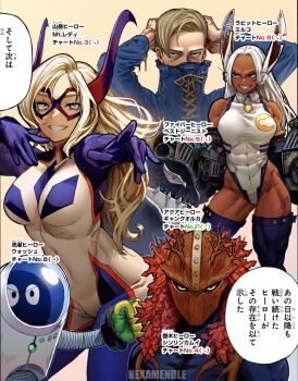 3boys 3girls abs amputee artificial_limb best_jeanist blonde_hair blue_eyes bodysuit boku_no_hero_academia breasts dark-skinned_female dark_skin eye_mask furry furry_with_non-furry gang_orca gloves gun hair_ornament hexamendle horikoshi_kouhei interspecies kamui_woods large_breasts leaf_hair_ornament looking_at_viewer mask mirko mount_lady multiple_boys multiple_girls muscular muscular_female official_art orca_boy pectorals purple_eyes rabbit_ears rabbit_girl red_eyes robot scar scar_on_leg short_hair smile smirk superhero_costume triple_amputee wash_(boku_no_hero_academia) washing_machine weapon white_hair
