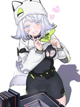 Rule 34 | 1girl, afterimage, animal ear headwear, animal hat, arknights, arknights: endfield, bandaid, bandaid on cheek, bandaid on face, bandaids on nipples, black bodysuit, blue eyes, bodysuit, book, breasts, cameltoe, cat girl, cat hat, cat tail, checkmark, commentary request, covered navel, crotch rub, desk, estella (arknights), fake animal ears, grey hair, grin, hat, hat with ears, heart, highres, lifting own clothes, long hair, long sleeves, looking at viewer, masturbation, no gloves, pasties, pen, scdz2344, shadow, smile, solo, table humping, tail, tail wagging, torn bodysuit, torn clothes, white hat