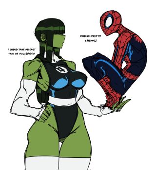 1girl animal_print animification blue_bodysuit bodysuit breasts colored_skin fantastic_four green_hair green_lips green_skin highres large_breasts leotard long_hair marvel multicolored_bodysuit multicolored_leotard muscular muscular_female print_bodysuit red_bodysuit she-hulk spider-man spider-man_(series) spider_print spider_web_print superhero_costume t1tans90 two-tone_bodysuit two-tone_leotard