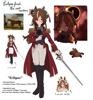 1girl animal_ears black_boots black_hat blush boots brown_hair cheshirette closed_mouth eclipse eclipse_(racehorse) full_body gloves gold_trim hat highres holding holding_sword holding_weapon horse horse_ears horse_girl horse_tail long_hair long_sleeves multicolored_hair multiple_views original potoooooooo_(racehorse) real_life red_eyes sidelocks solar_eclipse streaked_hair sword tail umamusume weapon white_gloves