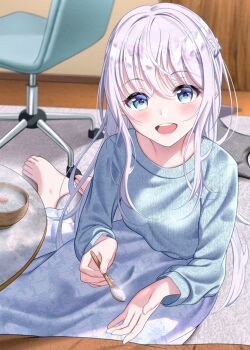 1girl barefoot blush bowl chair choppy_bangs commentary_request film_grain fingernails floral_print floral_print_skirt full_body grey_eyes grey_hair grey_sweater hair_between_eyes holding holding_spoon hominotsu indoors long_bangs long_hair long_skirt long_sleeves looking_at_viewer on_floor open_mouth original pov print_skirt rice_porridge rug sitting skirt smile solo spoon straight_hair sweater swivel_chair toenails white_skirt