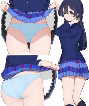 1girl ass black_socks blazer blue_hair blue_jacket blue_panties blue_skirt blush bow bow_panties cameltoe closed_mouth clothes_lift commentary_request commission cropped_legs dark_blue_hair feet_out_of_frame hair_between_eyes hand_in_own_hair highres jacket lifting_own_clothes liz_(piyoko_piyop) long_hair long_sleeves looking_at_viewer love_live! love_live!_school_idol_project miniskirt multiple_views otonokizaka_school_uniform panties plaid_clothes plaid_skirt pleated_skirt school_uniform simple_background skeb_commission skirt skirt_lift smile socks sonoda_umi split_mouth underwear white_background winter_uniform