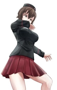 Rule 34 | 1girl, black jacket, bluff260, breasts, brown eyes, brown hair, commentary, covering face, from below, garrison cap, girls und panzer, hat, highres, jacket, kuromorimine military uniform, large breasts, long sleeves, miniskirt, nishizumi maho, pleated skirt, red skirt, shaded face, skirt, solo, thighs, white background