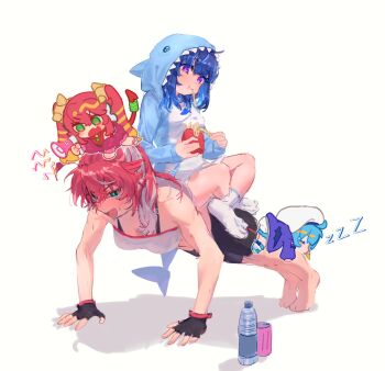 4girls bare_shoulders black_gloves black_shorts blue_hair blue_hoodie bottle bra commentary_request crossed_legs duel_monster eating evil_twin_ki-sikil evil_twin_lil-la exercising fingerless_gloves food french_fries full_body gloves green_eyes highres hood hood_up hoodie ki-sikil_(yu-gi-oh!) lil-la_(yu-gi-oh!) live_twin_lil-la multiple_girls purple_eyes push-ups red_hair shorts simple_background sitting sketch sleeping underwear white_background white_bra white_hoodie winter_snow yu-gi-oh! zzz