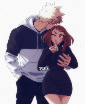 1boy 1girl artist_name bakugou_katsuki black_dress boku_no_hero_academia brown_hair couple dress jacket niverins signature tall_male twitter_username uraraka_ochako