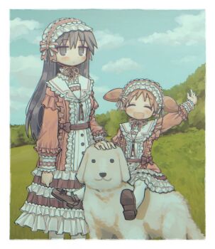 2girls accurate_lolita_coord azumanga_daiou black_eyes black_hair blush brown_hair brown_shoes closed_eyes day dog facing_viewer grass highres lolita_fashion long_hair long_sleeves looking_at_viewer mihama_chiyo multiple_girls open_mouth outdoors revision riding rnfhv sakaki_(azumanga_daioh) shoes short_hair short_twintails smile sweet_lolita tadakichi-san twintails