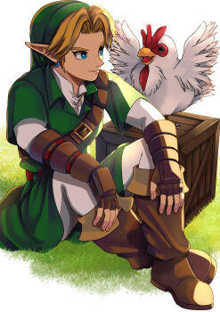Rule 34 | absurdres, blonde hair, boots, brown boots, crate, cucco, earrings, grass, green hat, green tunic, hat, highres, jewelry, knees up, leather, leather boots, light smile, link, male focus, mi9clous, nintendo, pants, phrygian cap, pointy ears, shirt, sitting, the legend of zelda, the legend of zelda: ocarina of time, tunic, white pants, white shirt