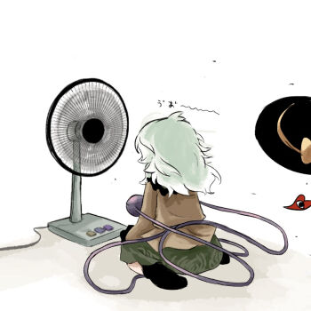 1girl black_hat black_socks commentary_request contrast_collar electric_fan from_behind full_body green_hair hair_between_eyes hat hat_ribbon heart heripantomorrow komeiji_koishi long_hair long_sleeves ribbon shirt socks solo third_eye touhou translation_request unworn_hat unworn_headwear white_background wide_sleeves yellow_ribbon yellow_shirt