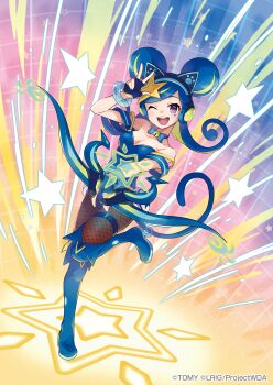 1girl animal_ear_headphones animal_ears black_boots blue_choker blue_dress boots cat_ear_headphones cat_ears choker copyright_notice double_bun dress fake_animal_ears fingerless_gloves fishnet_pantyhose fishnets gloves hair_bun headphones high_heel_boots high_heels highres holding holding_wand looking_at_viewer medium_hair milulun_(wixoss) official_art open_mouth pantyhose peron_(niki2ki884) purple_eyes smile solo wand wixoss